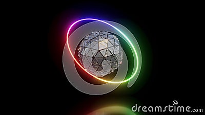 Glow circle metal sphere on mirror surface 3d Stock Photo