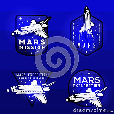 Glow effect on space mission to mars logotypes Vector Illustration