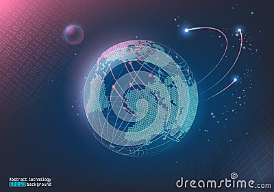 Abstract image of points and lines. Digital space. Planet Earth and the Moon. Communication, Internet. Blue background. Vector Illustration