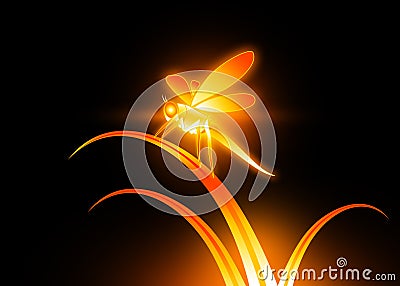 Glow fire flame Dragonfly stand on a grass Stock Photo
