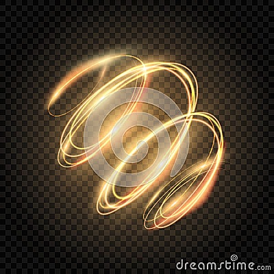 Glow gold swirl. Shiny spiral lines effect. Light golden twirl. Glowing glitter trail. Fire spiral trace. Light painting Vector Illustration