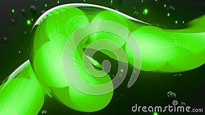 Glow green spheres floating in glass tube 3D render Stock Photo