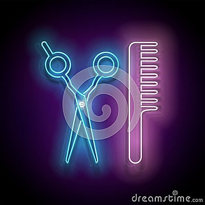 Glow Hairdressing Scrissors And Hairbrush, Professional Hairstyling Tool Vector Illustration