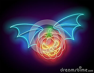 Glow Halloween Greeting Card with Flying Vampire Pumpkin Vector Illustration