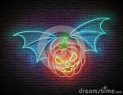 Glow Halloween Greeting Card with Flying Vampire Pumpkin Vector Illustration