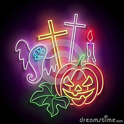 Glow Halloween Greeting Card with Witch Pumpkin, Crosses, Candles and Ghost Vector Illustration