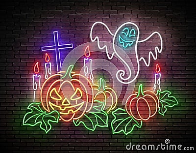 Glow Halloween Greeting Card with Witch Pumpkin, Crosses, Candles and Ghrost Vector Illustration