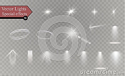 Glow isolated white transparent light effect set, lens flare, explosion, glitter, line, sun flash, spark and stars Vector Illustration