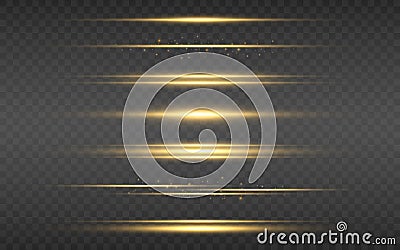 Glow lines set. Gold light effect on transparent background. Bright luxury flares. Horizontal energy lines. Yellow Vector Illustration