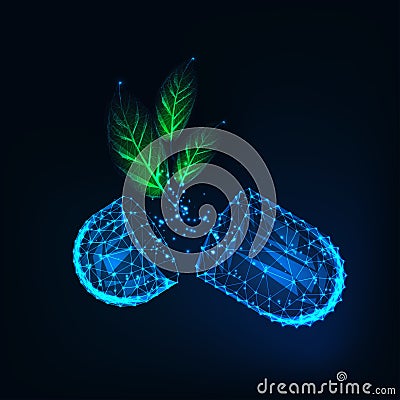 Glow low poly medicine capsule pills with green organic herb leaves on dark blue background. Vector Illustration