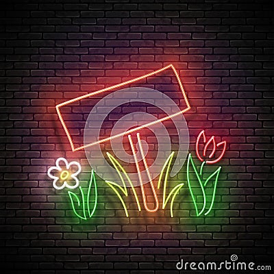 Glow Nameplate on the Lawn, Grass and Flowerbed Vector Illustration