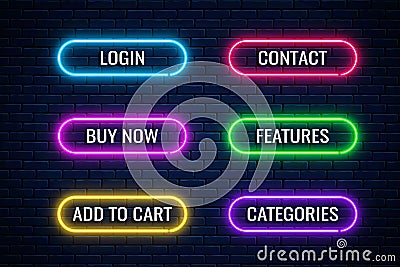 Glow neon buttons for internet store design. Set of website shop button. Vector shiny design elements Vector Illustration