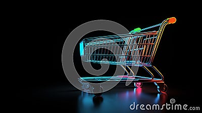 glow neon modern futuristic with. Shopping trolley in trendy neon light. generative ai shopping cart Stock Photo