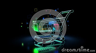 glow neon modern futuristic with. Shopping trolley in trendy neon light. generative ai shopping cart Stock Photo