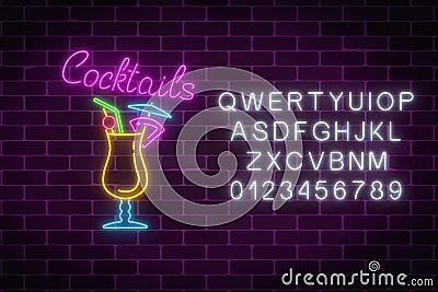 Glow neon sign of cocktails bar with alphabet. Glowing gas advertising with pina colada alcohol shake. Vector Illustration