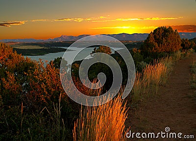 Sunset over McPhee Reservoir in Colorado Stock Photo