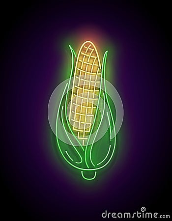 Glow single ear of sweetcorn with green leaves Vector Illustration