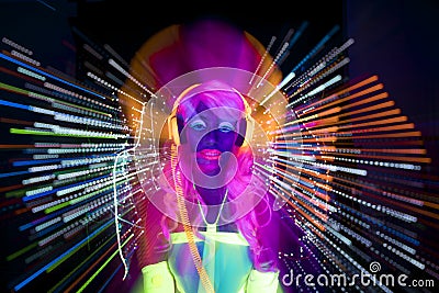 Glow uv neon disco female cyber doll Stock Photo