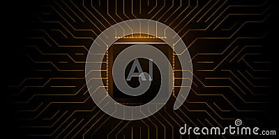 Glowing AI golden chip on circuit board. Technology background. CPU processor on tech bg. Computer microchip on Vector Illustration