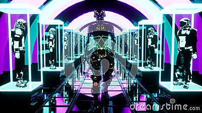 A glowing alien walks along a neon corridor with astronauts sitting in cages. 3D Rendering. Stock Photo