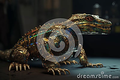 Glowing Alligator Robot Strikes Rococo Pose in Ultradetailed Longview Shot Stock Photo