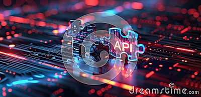 Glowing API text on illuminated puzzle pieces over a digital circuit board background. Stock Photo
