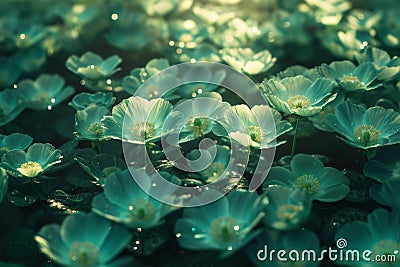 Glowing Aqua Blossoms Water Surface. Aqua flowers spread across water's surface, reflecting sunlight Stock Photo
