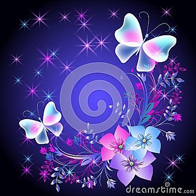 Glowing background with flowers and butterflies Vector Illustration