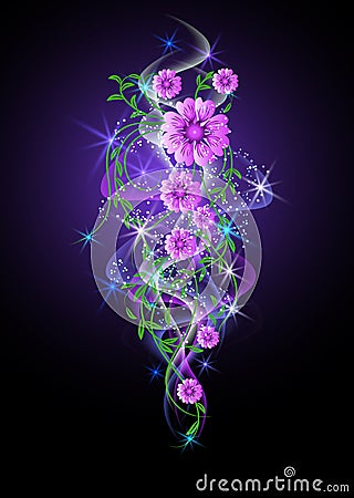Glowing background with flowers and stars Vector Illustration