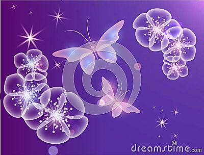 Glowing background with magic butterflies and sparkling flower. . Stock Photo