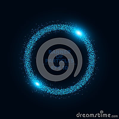 A glowing banner of small, round particles on a dark background. A place for your projects. A magical, spinning circle. Beautiful Cartoon Illustration