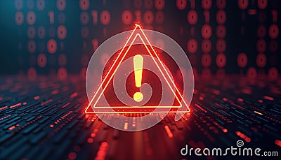 Glowing binary code background shows red alert sign. Digital tech alert icon represents cybersecurity threat data breach. Urgent Stock Photo