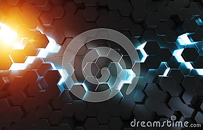 Glowing black blue and orange hexagons background pattern on metal surface 3D rendering Stock Photo