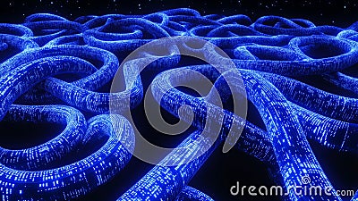Glowing blue cables intertwining and transmitting data, creating a complex network in cyberspace Stock Photo