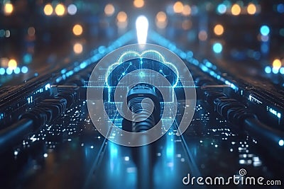 Glowing blue cloud with connected data streams illustrating cloud computing secure data transfer and advanced networking system Cartoon Illustration