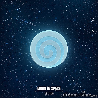 Glowing blue full moon in space. Falling star. Many luminous stars. Realistic space Cartoon Illustration