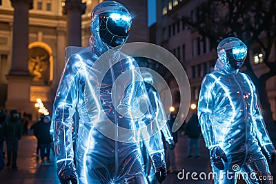 Glowing Blue Human Figures Marching in Harmony Through Historical Square at Night Stock Photo