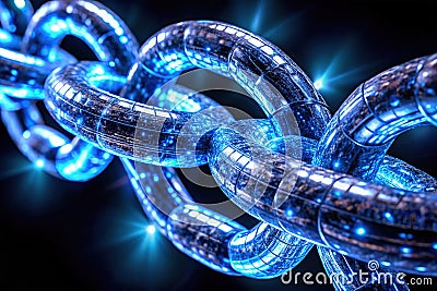 Glowing Blue Interconnected Chain Links A Futuristic Abstract Visualizing Global Network Strength and Security Stock Photo
