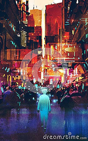 Glowing blue man walking in futuristic city Cartoon Illustration