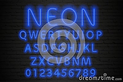 Glowing blue neon alphabet. Neon letters and numbers Vector Illustration