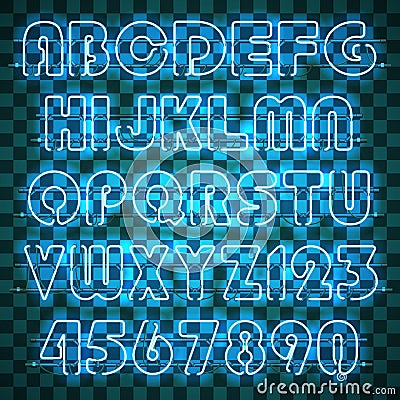 Glowing blue neon alphabet. Stock Photo