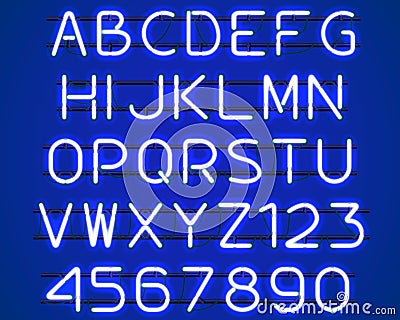 Glowing Blue Neon Alphabet. Cartoon Illustration