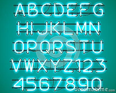 Glowing Blue Neon Alphabet. Cartoon Illustration