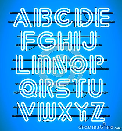 Glowing Blue Neon Alphabet. Stock Photo