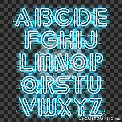 Glowing Blue Neon Alphabet. Stock Photo