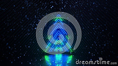 Glowing blue neon christmas tree and snowfall 3D rendering illustration Cartoon Illustration