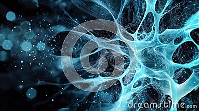 Glowing blue neural network with interconnected fibers and abstract patterns. Stock Photo