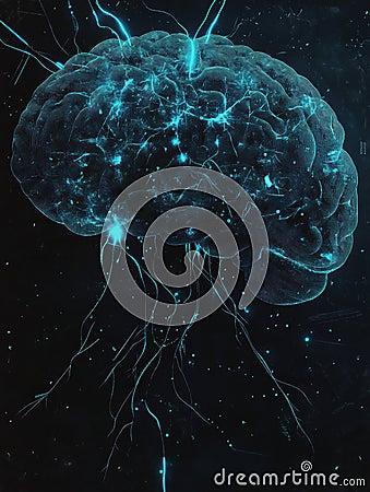 Glowing blue neural pathways illuminate a brain, highlighting its intricate structure. Generative AI Stock Photo
