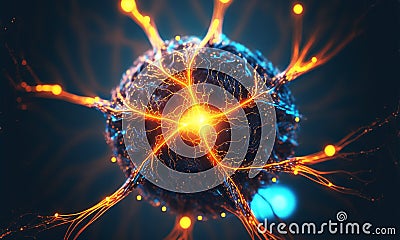Glowing brain background with neural links network. Illustration representing artificial intelligence neuronal activity. Stock Photo