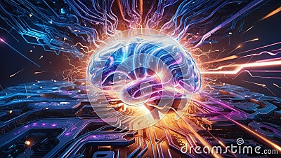 Glowing brain connected to a network of energy,merging artificial intelligence Stock Photo